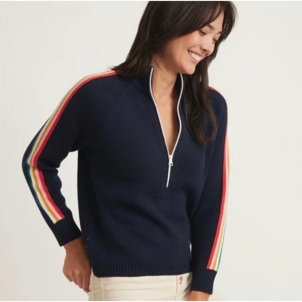 Marine Layer Archive Quarter Zip Sweater XL Navy Rainbow Stripe Pullover Coastal